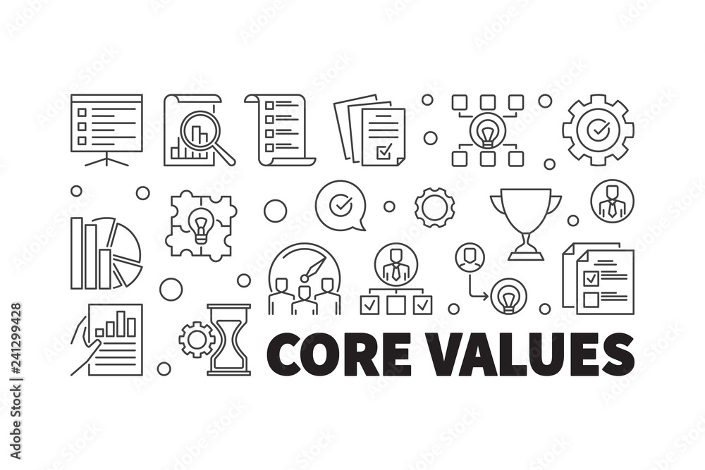 Core values horizontal outline banner. Vector minimal illustration in thin line style