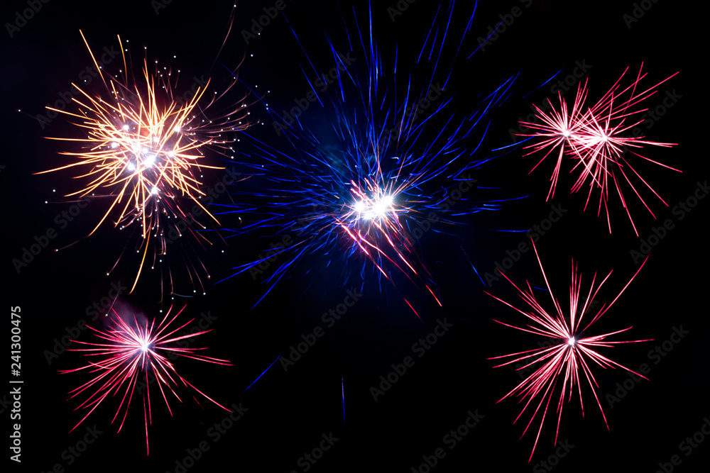 Abstract Colorful fireworks on black background for celebrating events, New year, Christmas, Bonfire Night