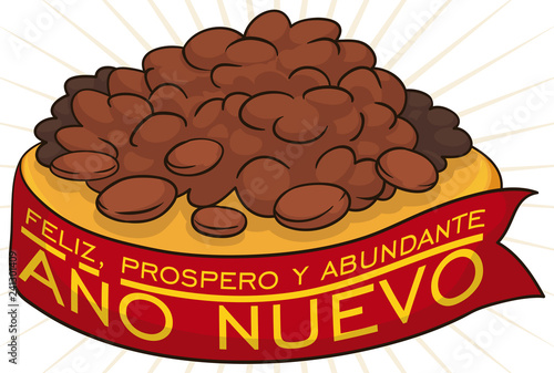 Lentils and Ribbon for Omen of Prosperity in New Year Celebration, Vector Illustration