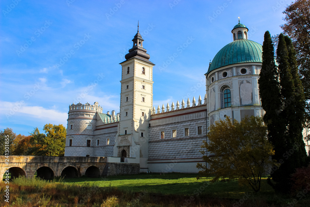 Krasiczyn, Poland - October 11, 2013: - beautiful renaissance palace in Poland. The castle has belonged to several noble Polish families. Has richly sculpted portals, loggias, arcades