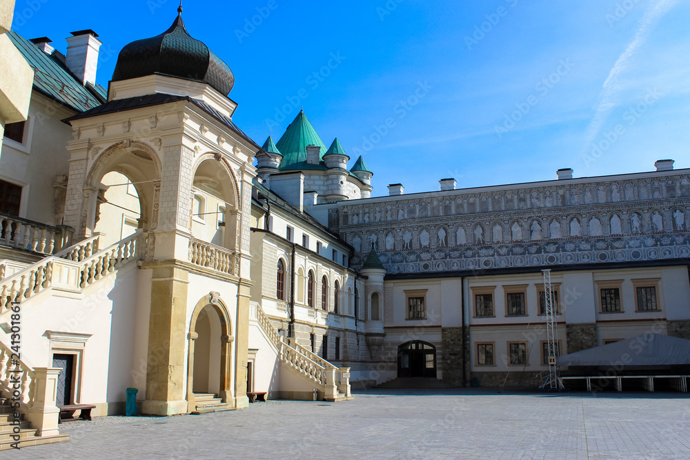 Fototapeta premium Krasiczyn, Poland - October 11, 2013: - beautiful renaissance palace in Poland. The castle has belonged to several noble Polish families. Has richly sculpted portals, loggias, arcades