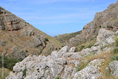 Hiking Jesus trail - beautiful view of Mt. Arbel in countryside of Galilee, Sea of Galilee, Israel