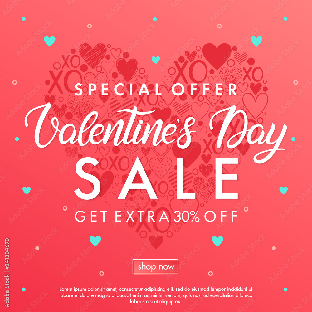 Valentines Day special offer banner with different hearts.Sale banner template perfect for prints, flyers, banners, promotions, special offers and more. Vector Valentines Day promotion. Valentines Day special offer banner with different hearts.Sale banner template perfect for prints, flyers, banners, promotions, special offers and more. Vector Valentines Day promotion.