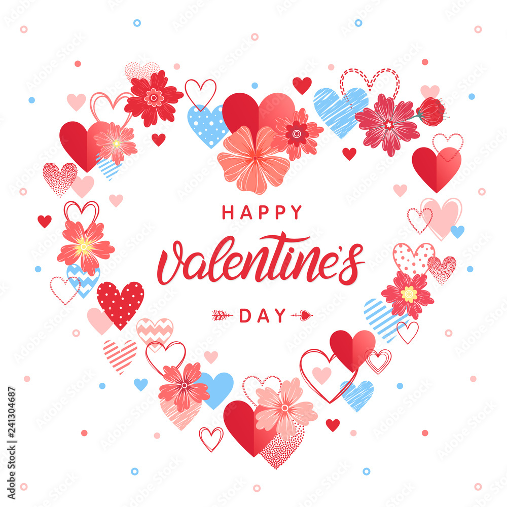Happy Valentines Day - Hand painted lettering with different hearts and flowers.Romantic illustration perfect for  cards,prints flyers,posters,holiday invitations and more.Vector Valentines Day card.