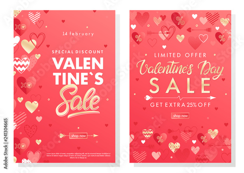 Valentines Day special offer banners with different hearts and golden foil elements.Saletemplates perfect for prints, flyers, banners, promotions, special offers and more. Vector Valentines promos.