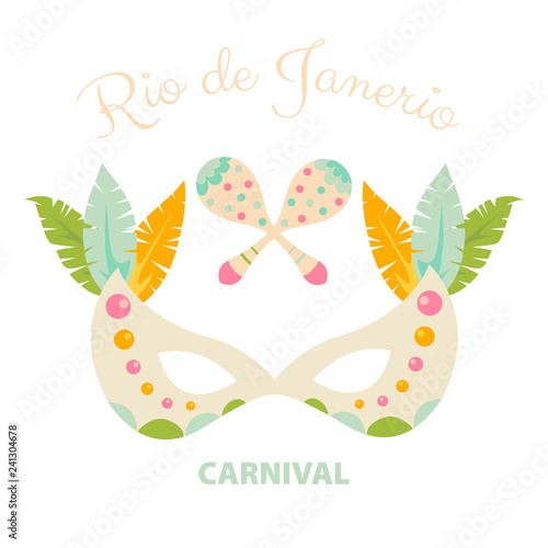Carnival mask with feathers and maracas on isolated white background