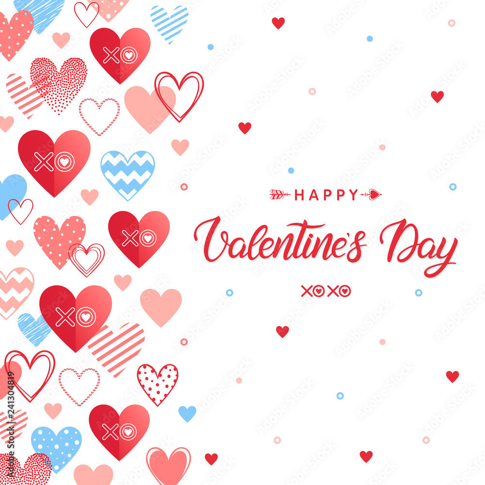 Happy Valentines Day - Hand painted lettering with different hearts.Romantic illustration perfect for greeting cards, prints, flyers,posters,holiday invitations and more.Vector Valentines Day card.