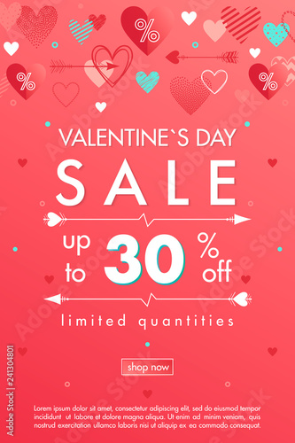 Valentines Day special offer banner with different hearts.Sale flyer template perfect for prints, flyers, banners, promotions, special offers and more. Vector Valentines Day promotion.