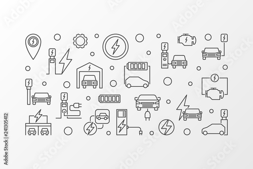 EV charging station vector outline illustration. Electric vehicle charging concept horizontal banner