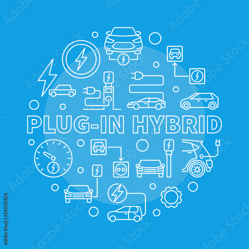 Plug-in Hybrid round vector illustration in thin line style on dark background
