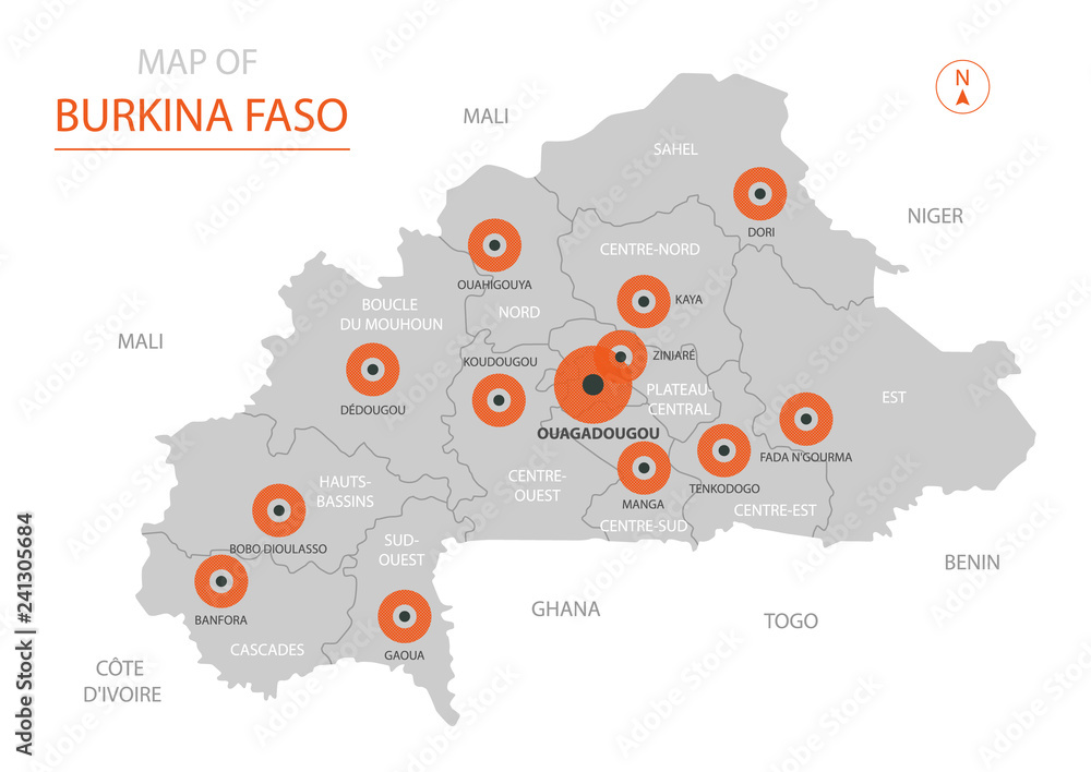 Stylized vector Burkina Faso map showing big cities, capital