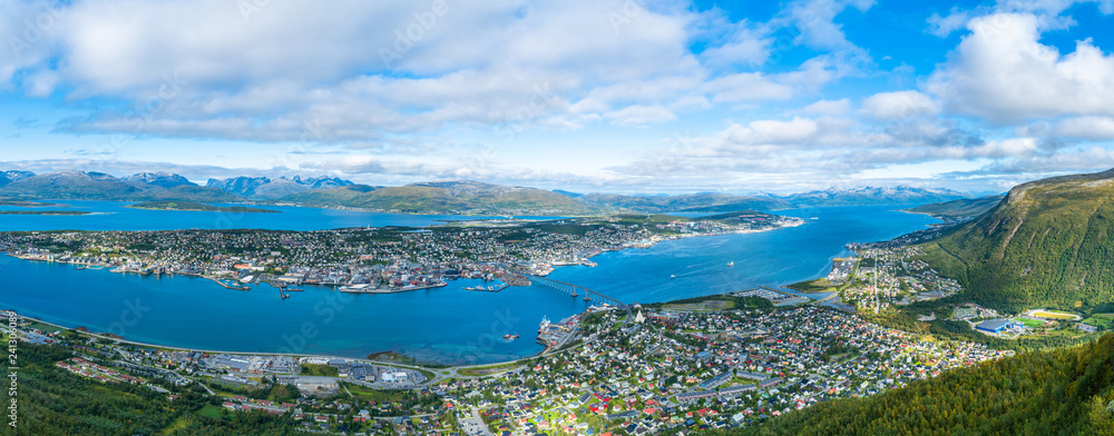 Wide panoramic arial view of Tromso in Norway