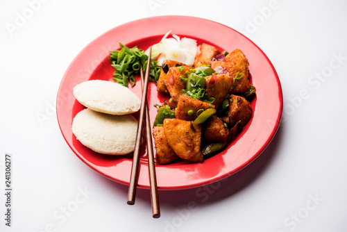 Schezwan Idli or manchurian Idly, tasty indo-chinese recipe. selective focus