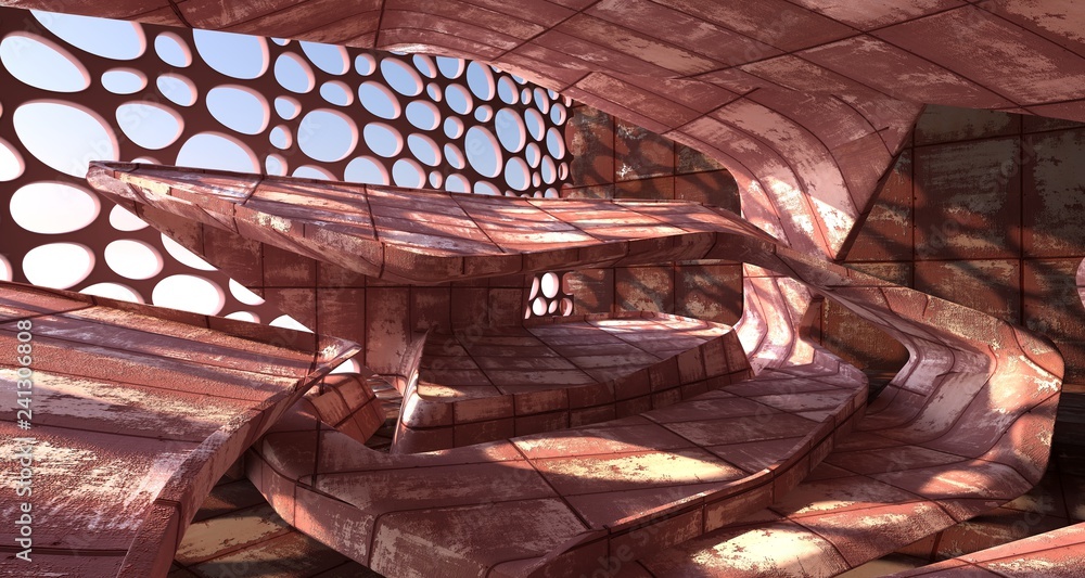 Empty smooth abstract room interior of sheets rusted metal . Architectural background. 3D illustration and rendering Empty smooth abstract room interior of sheets rusted metal . Architectural background. 3D illustration and rendering