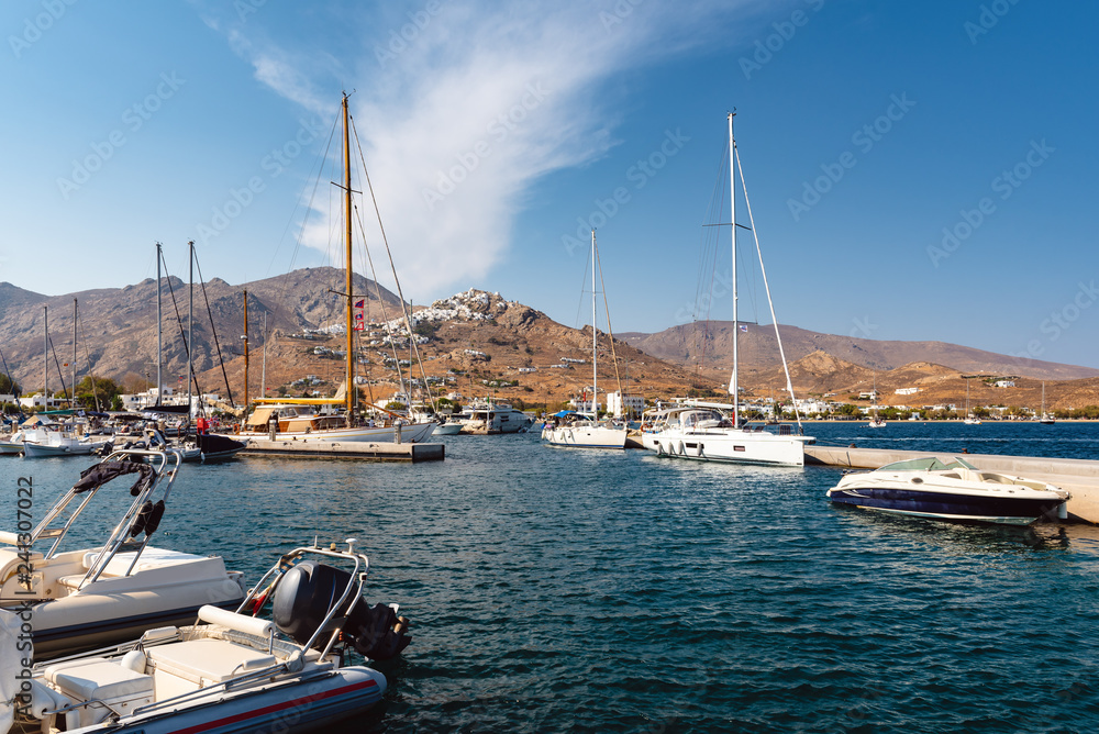 View of the Livadi port and hills of the Serifos island. Greece