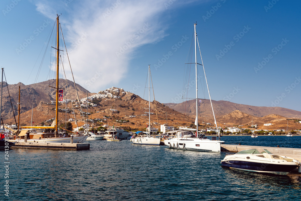 View of the Livadi port and hills of the Serifos island. Greece