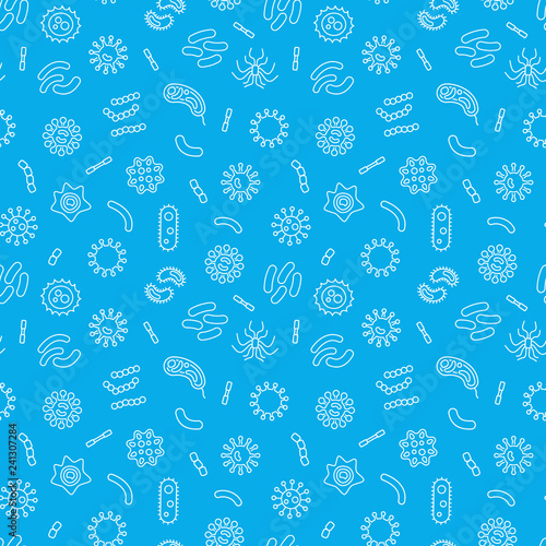 Seamless vector pattern with outline bacteria icons on blue background