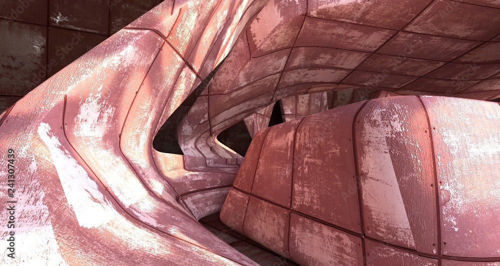 Empty smooth abstract room interior of sheets rusted metal . Architectural background. 3D illustration and rendering Empty smooth abstract room interior of sheets rusted metal . Architectural background. 3D illustration and rendering