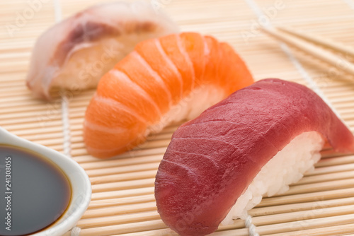 Sushi Nigiri tuna salmon and swordfish with soy sauce