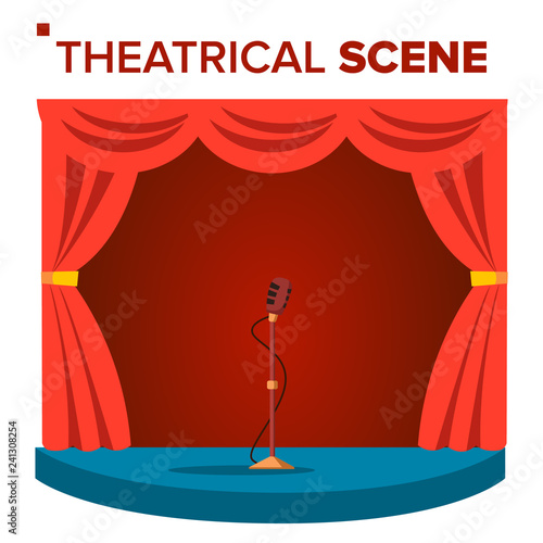 Theatrical Scene Vector. Performane. Stage Podium. Red Velvet Curtains. Event Show. Isolated Flat Cartoon Illustration