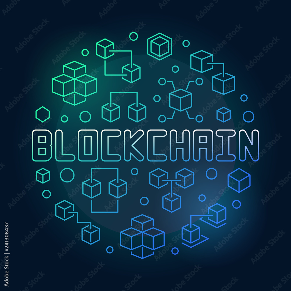 Blockchain crypto vector round blue modern illustration in thin line style on dark background