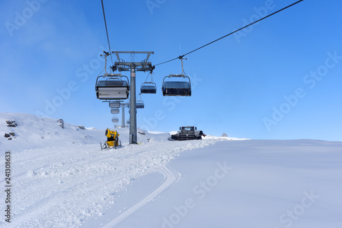 Panoramically view from ski slope over Dolomite mountains in Tre Valli, Italy. - Image