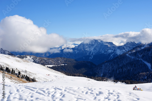 Panoramically view from ski slope over Dolomite mountains in Tre Valli  Italy. - Image