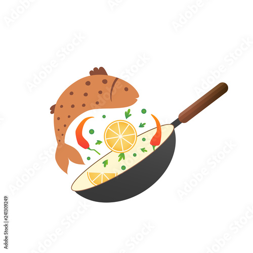 Flipping fry fish with lemon and pepper in a pan. Cartoon flat style. Cooking process vector illustration. 