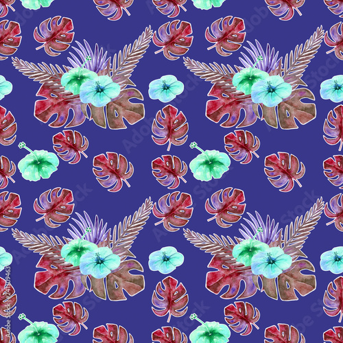 Seamless pattern. Tropical leaves watercolor background.. Tropical leaves watercolor background. Flower illustrations.
