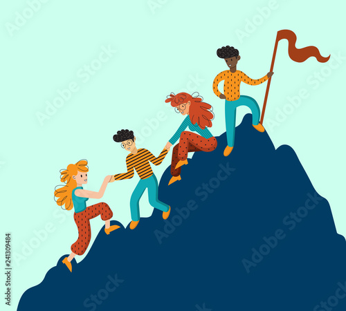 Group of climbers helping each other. Concept of teamwork. International business people in mountains. Leader on the top. Vector illustration in flat cartoon style.