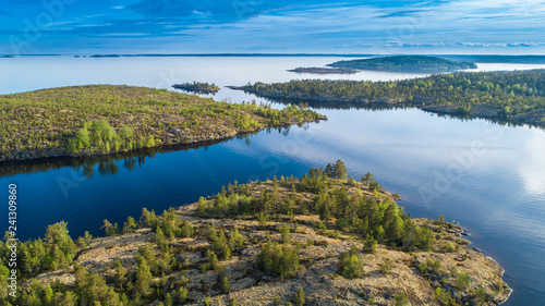 Islands from a height. Lake with islands. Karelia. Russia. Wildlife of Russia. Ladoga lake. Republic of Karelia. © Grispb