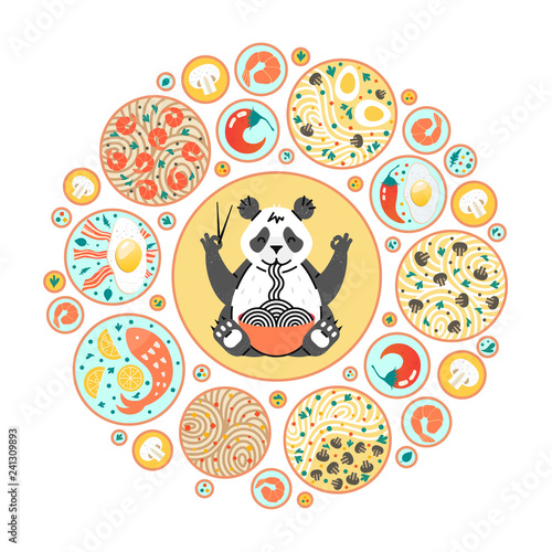 Panda eating noodles with chopsticks. Chinese dishes on the plates. Top view. Circle composition with different food. Poster for chinese or japanese cafe. Cartoon style.
