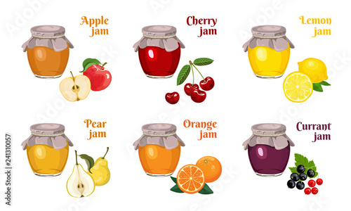 Set of glass jars of jam isolated on white background. Apple, cherry, lemon, orange, currant, pear. Vector illustration of homemade fruit and berry fruit marmalade in cartoon flat style.