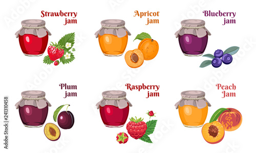 Set of glass jars of jam isolated on white background. Strawberry, apricot, blueberry, raspberry, plum, peach. Vector illustration of homemade fruit and berry fruit marmalade in cartoon flat style.