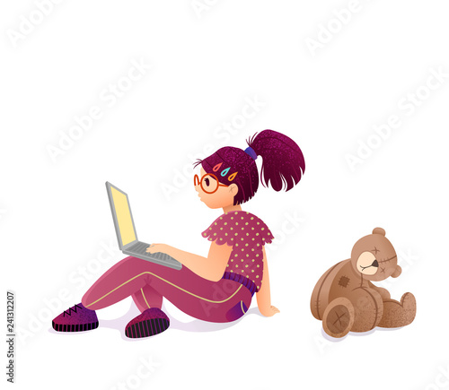 Concept of child internet addiction. Girl teenager sitting with laptop