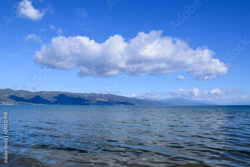 Landscape of Ohrid lake with mountain background. Pogradec  Tushemisht  Albania.