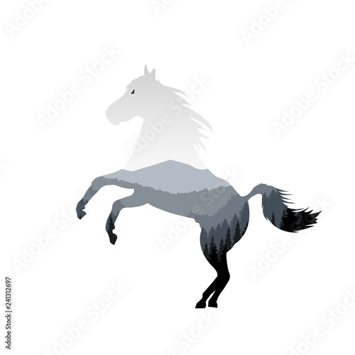 Silhouette of running horse with mountain landscape. Grey tones.