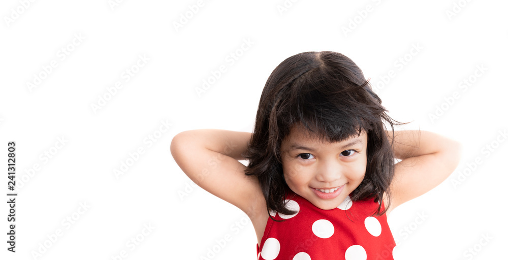 Happy Asian cute girl or kid smiling with happiness. face expression concept. isolated on white background Happy Asian cute girl or kid smiling with happiness. face expression concept. isolated on white background