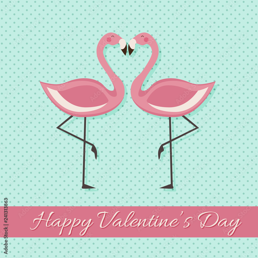 Happy Valentine's Day Lettering illustration with Pink Flamingo. Vector isolated illustration on blue background Happy Valentine's Day Lettering illustration with Pink Flamingo. Vector isolated illustration on blue background