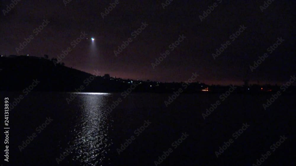 POLICE HELICOPTER FLIES OVER LAKE AT NIGHT WITH A SPOTLIGHT POLICE HELICOPTER FLIES OVER LAKE AT NIGHT WITH A SPOTLIGHT