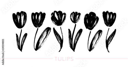 Collection of hand drawn graphic tulips. Vector floral clip art elements.