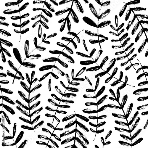 Plant leaves hand drawn seamless pattern. Hand drawn vector ornament.