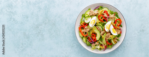 Tuna salad with boiled egg and fresh vegetables. Healthy diet food. Greek cuisine. Top view. Banner