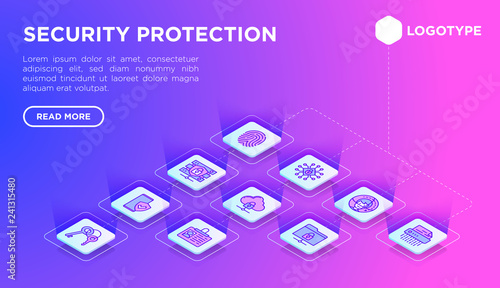 Security and protection web page template thin line isometric icons: mobile security, fingerprint, badge, firewall, face ID, secure folder, keyset, shredder, encrypted messaging. Vector illustration.