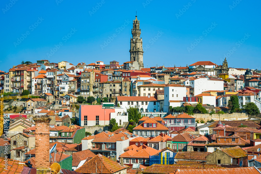The historic centre of Porto with the Clérigos tower in the background.