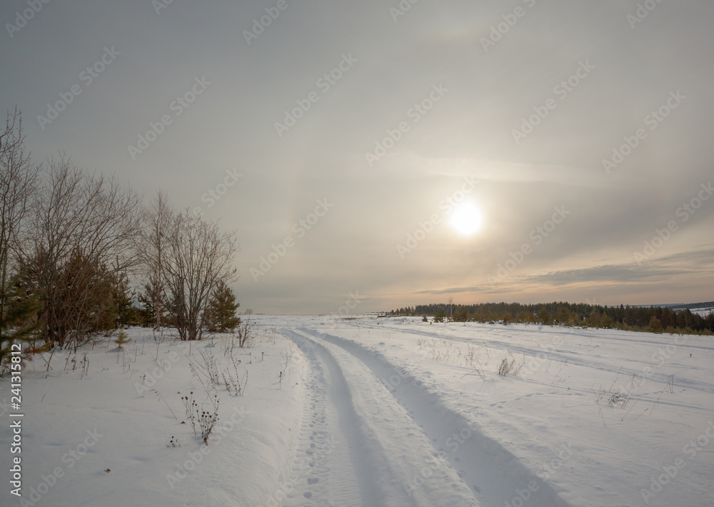 Winter landscape with a halo effect over a snowy field