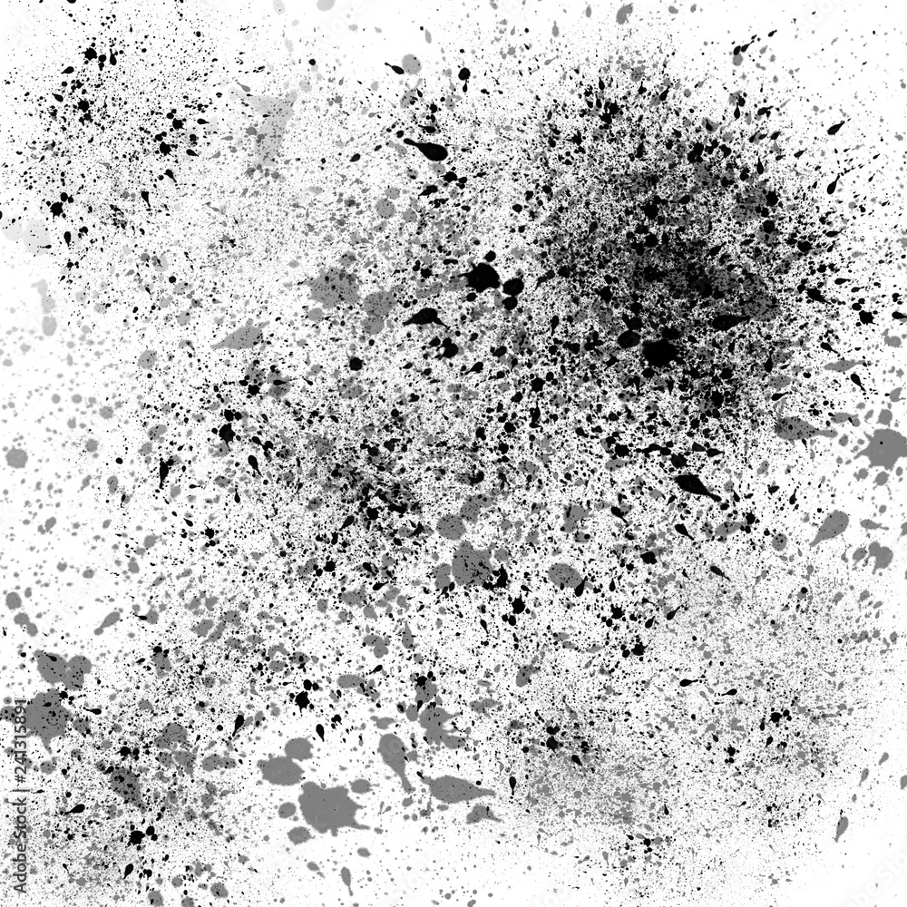 Fototapeta premium Isolated artistic ink paint splatter textures and decorative elements on white paper background. Chaotic isentegration effect.