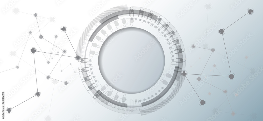 Abstract technology background with various technology elements Network communication concept Social background Circle with empty space in white grey colour.