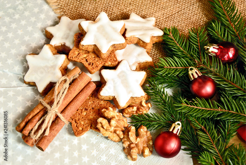 Cinnamon Stars (German name is Zimtsterne) German Christmas Cookies. photo