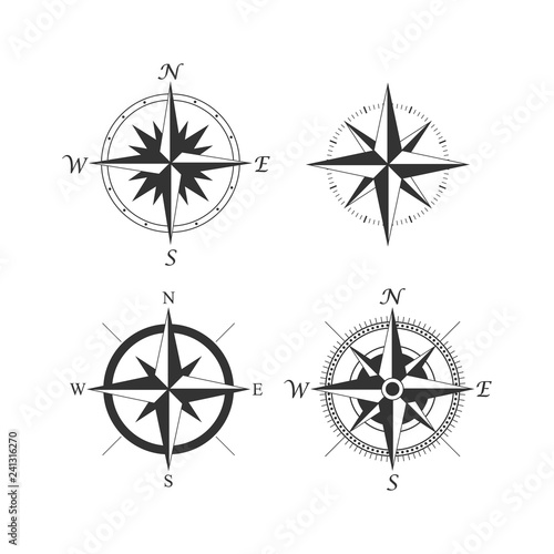 Old compass vintage style black vector set. Wind rose compass retro design icon set.